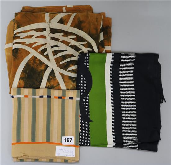 An Yves St Laurent silk scar, a Dior scarf and a 1930s silk Batik stole